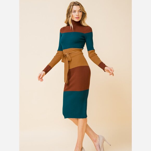 Turtleneck Sweater Dress – Colour Blocked Midi with Tie Waist - Picture 1 of 9